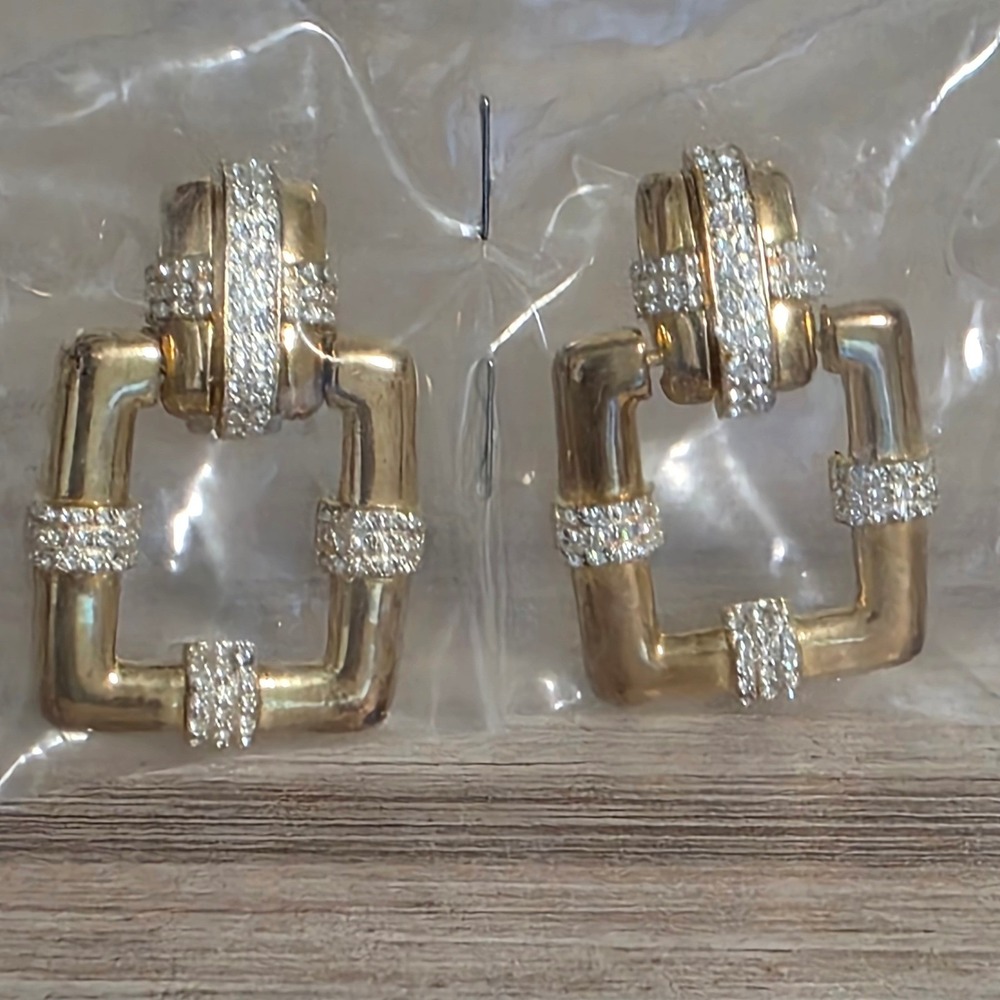 Vintage Gold Tone Rhinestone Door Knocker Clip On Earrings Geometric Rectangle
